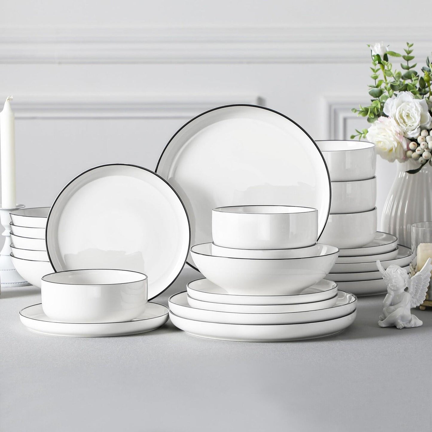 MALACASA Plates and Bowls Sets, 24 Pieces Modern Porcelain Dinnerware Set for...