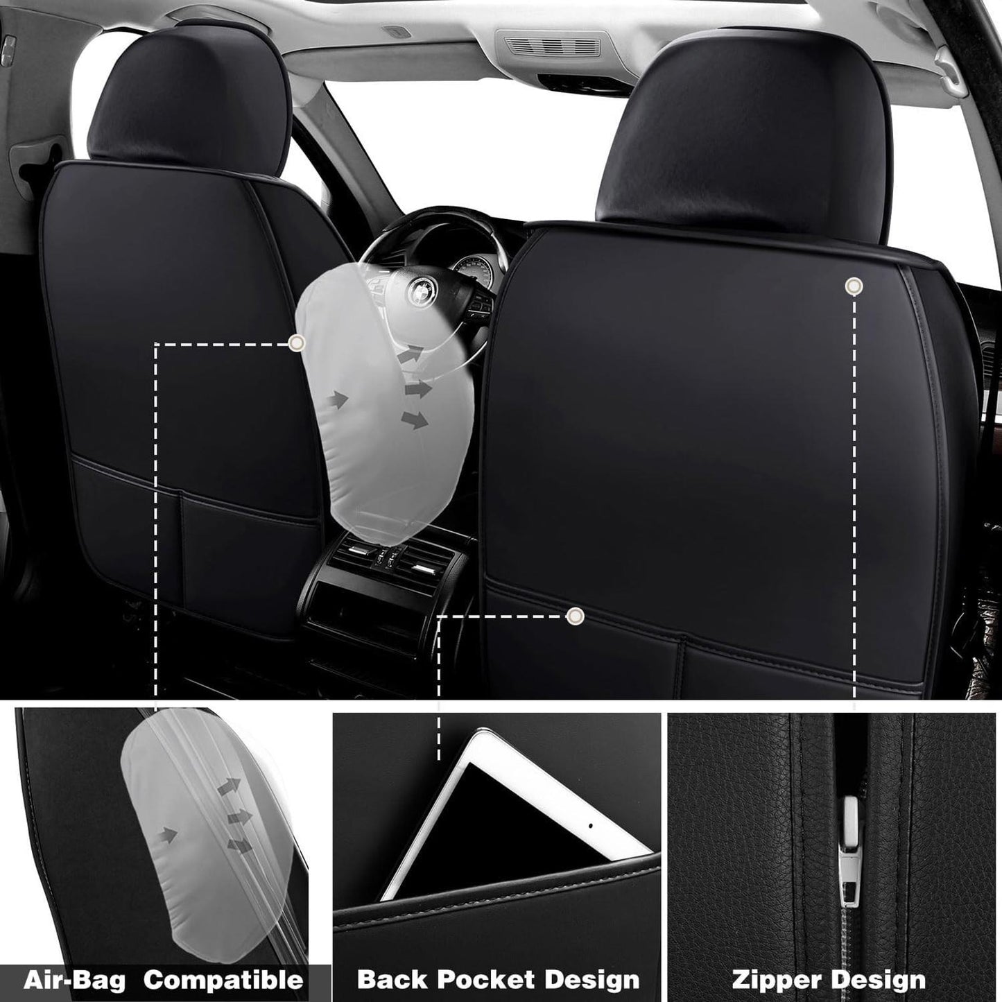 Universal Car Seat Covers 5 Seats, Nappa Leather Automotive Seat Covers Non-Slip