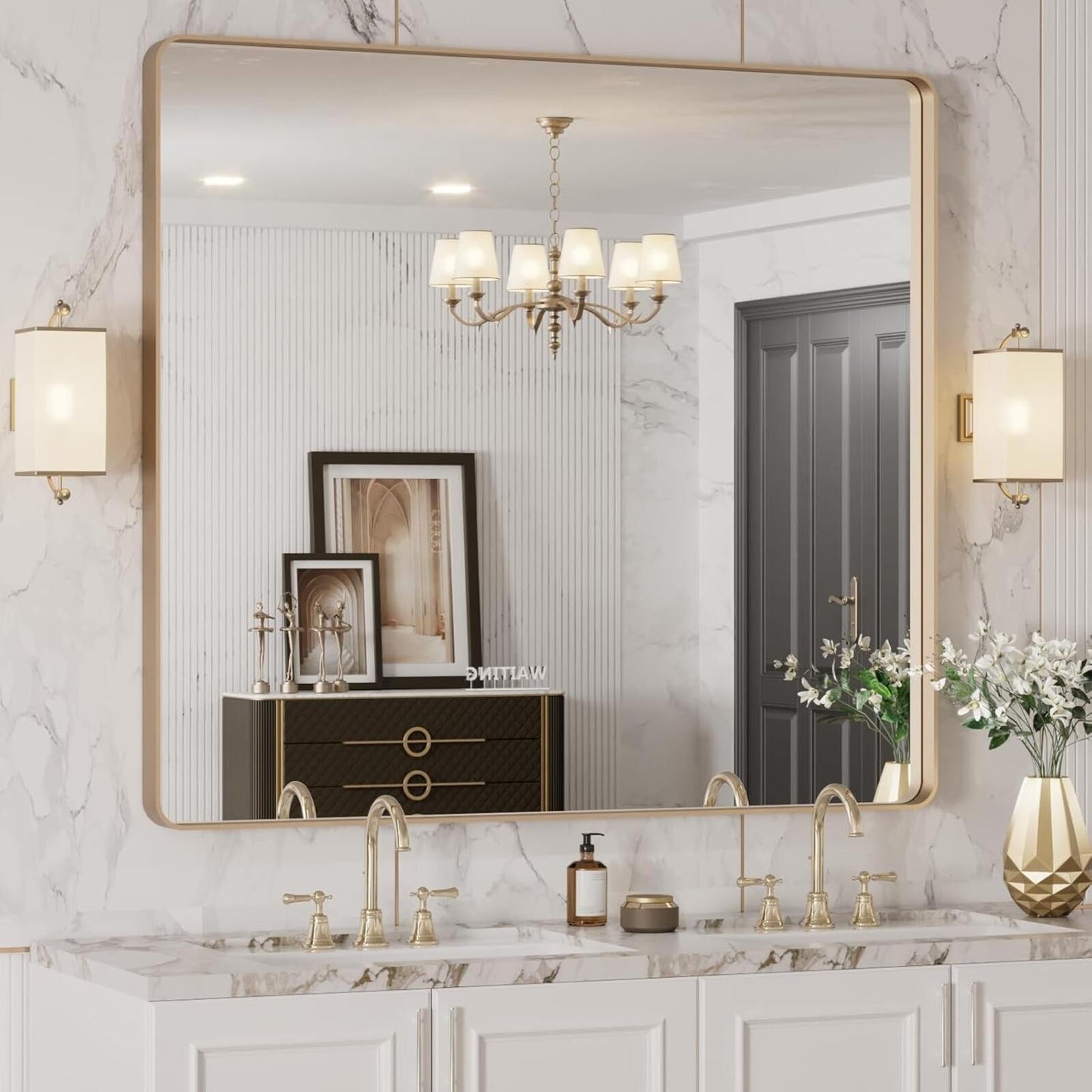 40”X36” Gold Bathroom Mirror, Rounded Rectangle Gold Frame Mirror