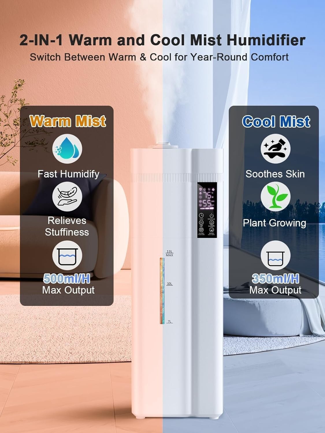 13L/3.4Gal Humidifiers for Bedroom, Ultrasonic Warm & Cool Mist Humidifier La...