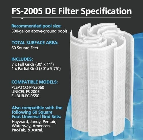FS-2005 60 Sq. Ft. DE Grid Pool Filter ONLY for Unicel FS-2005, Filbur FC-9550,.