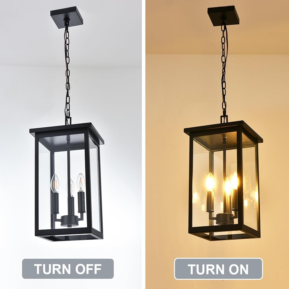 Black Outdoor Pendant Lanern, E12 Candle Chandelier 3-Lights Large Exterior H...
