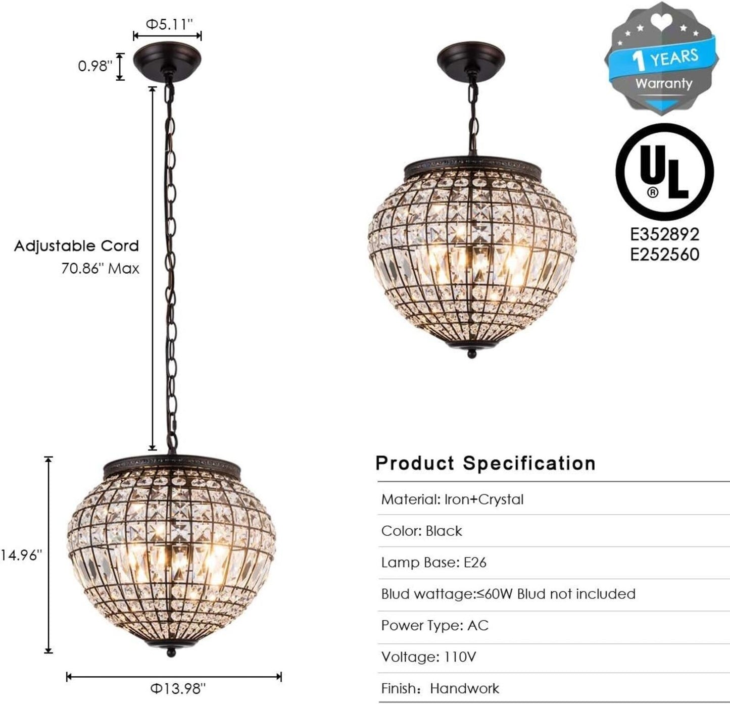 Vintage K9 Crystals Chandelier Classic Pendant Light Fixture for Living Room