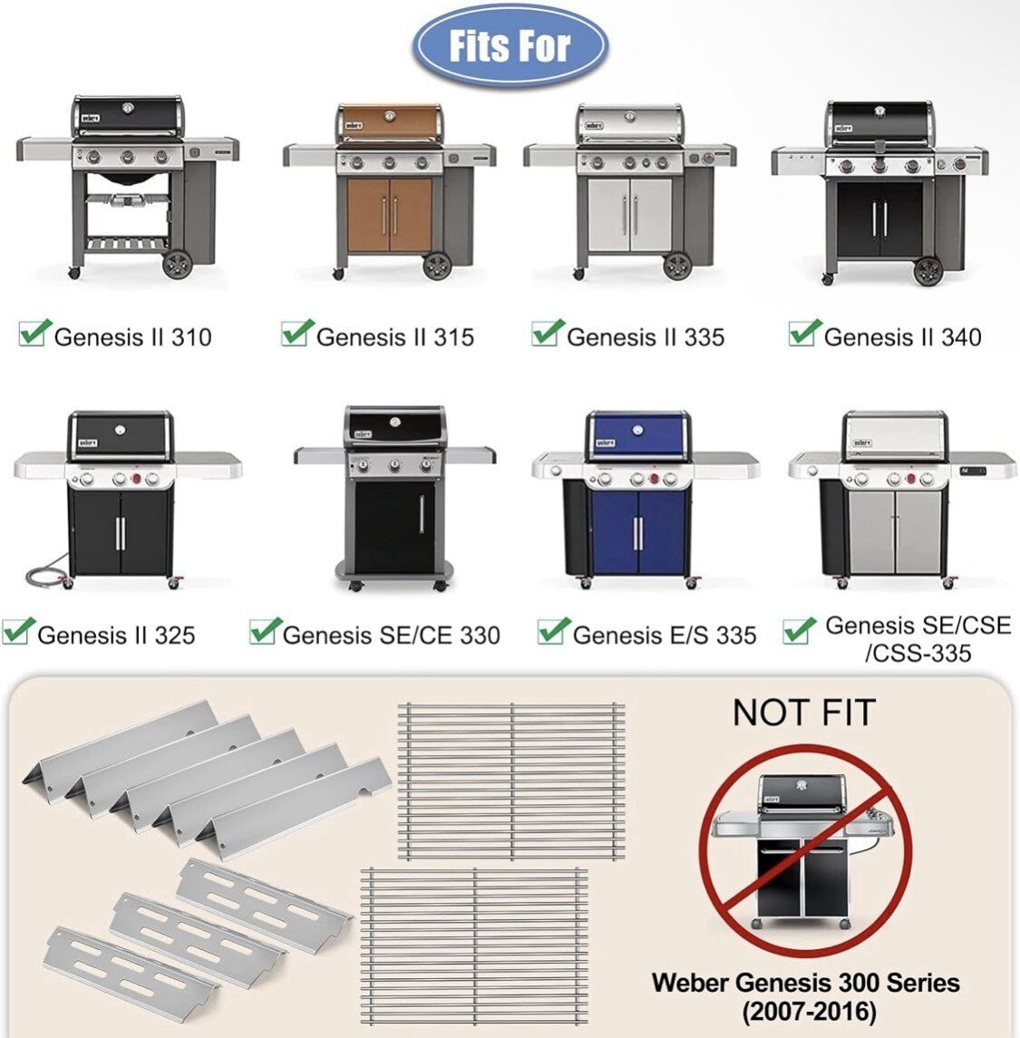 SS Grill Grates Flavorizer Bars Heat Deflectors Compatible Weber Genesis II 300