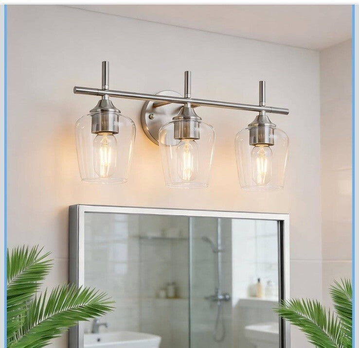 ADSENSTY 3-Light Nickel Vanity Light with Clear Glass Bathroom Wall Sconce