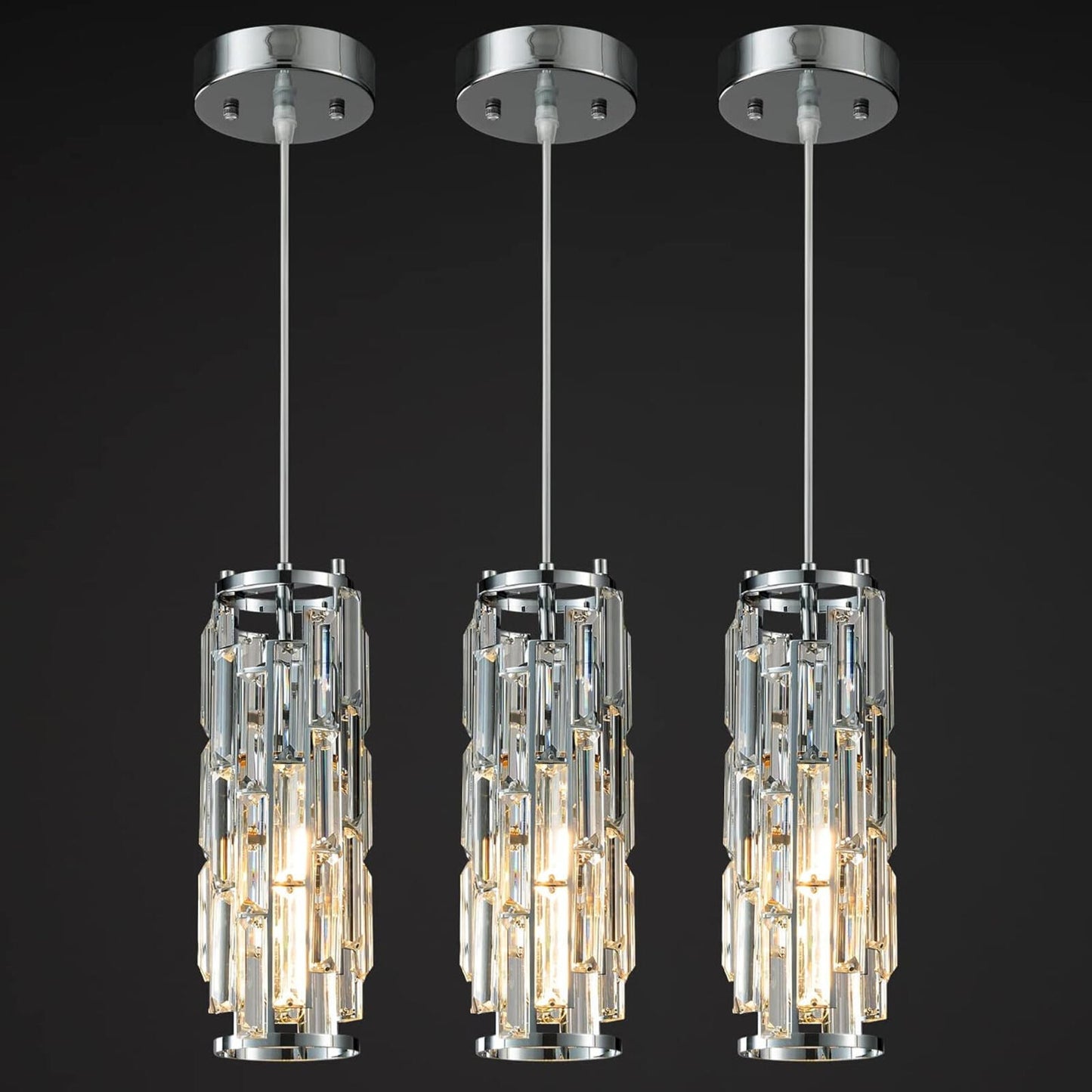 Modern Chrome Mini Crystal Pendant Lights - 3-Pack for Home Decor