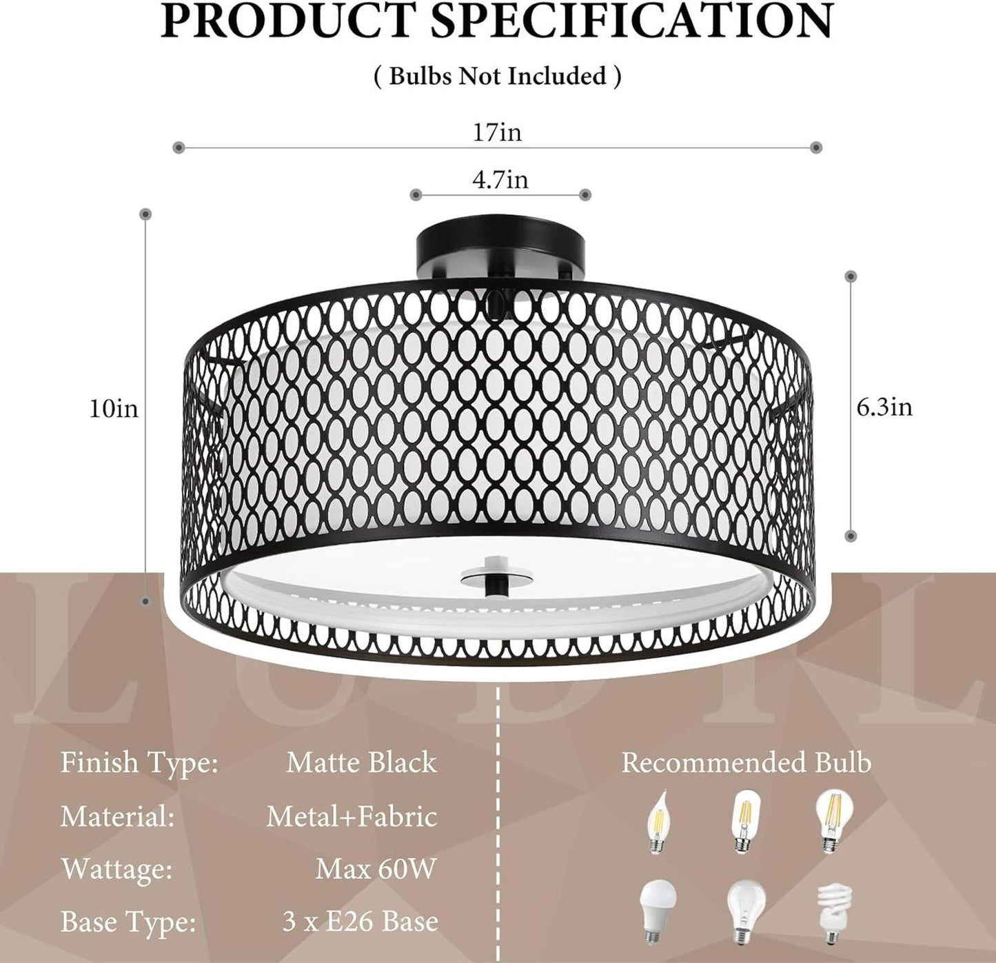 17" Semi Flush Mount Ceiling Light Fixture, Modern 3-Light E26 Double Drum Ceili