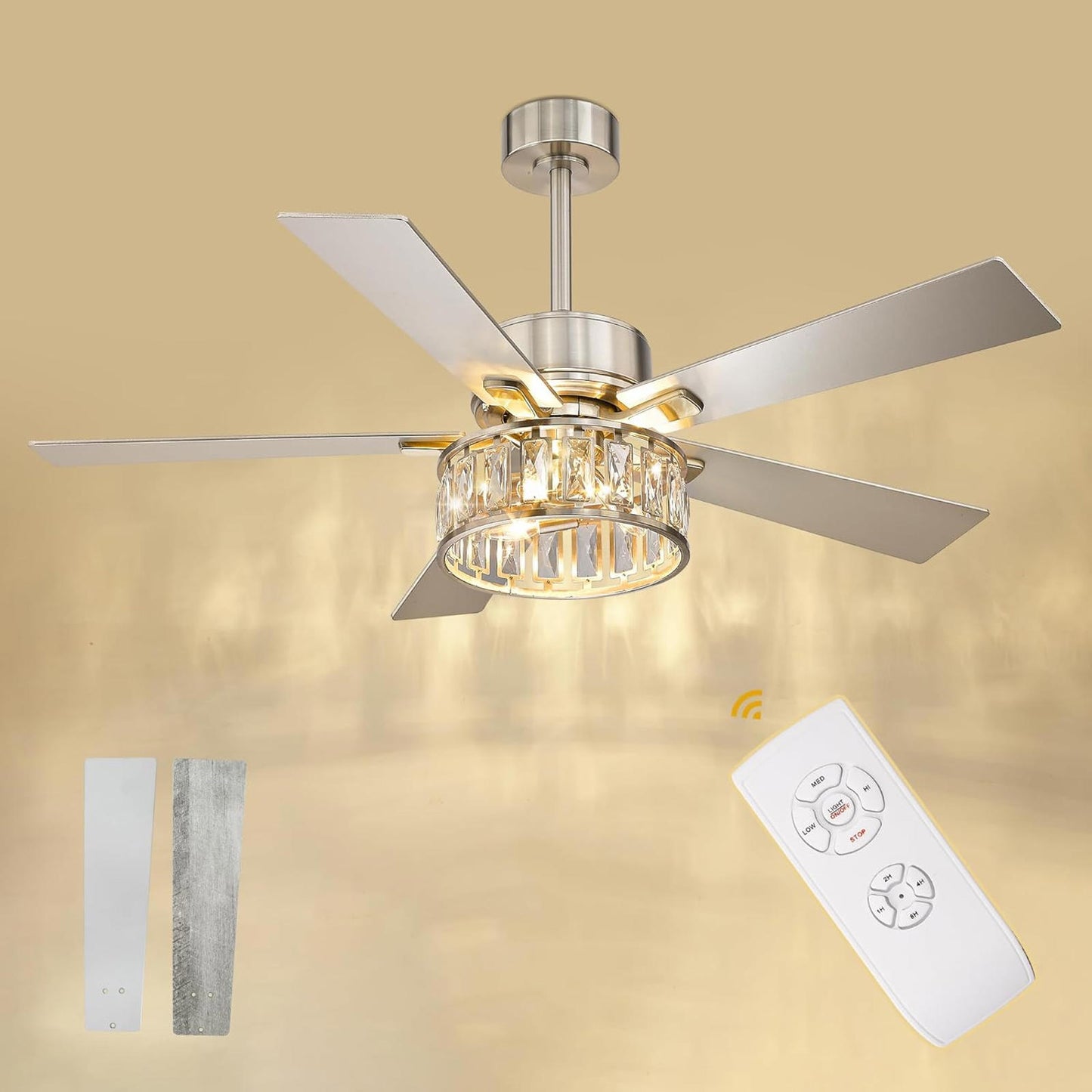 Modern 52" Ceiling Fan with Lights and Remote, Crystal Finish, 5 Blades