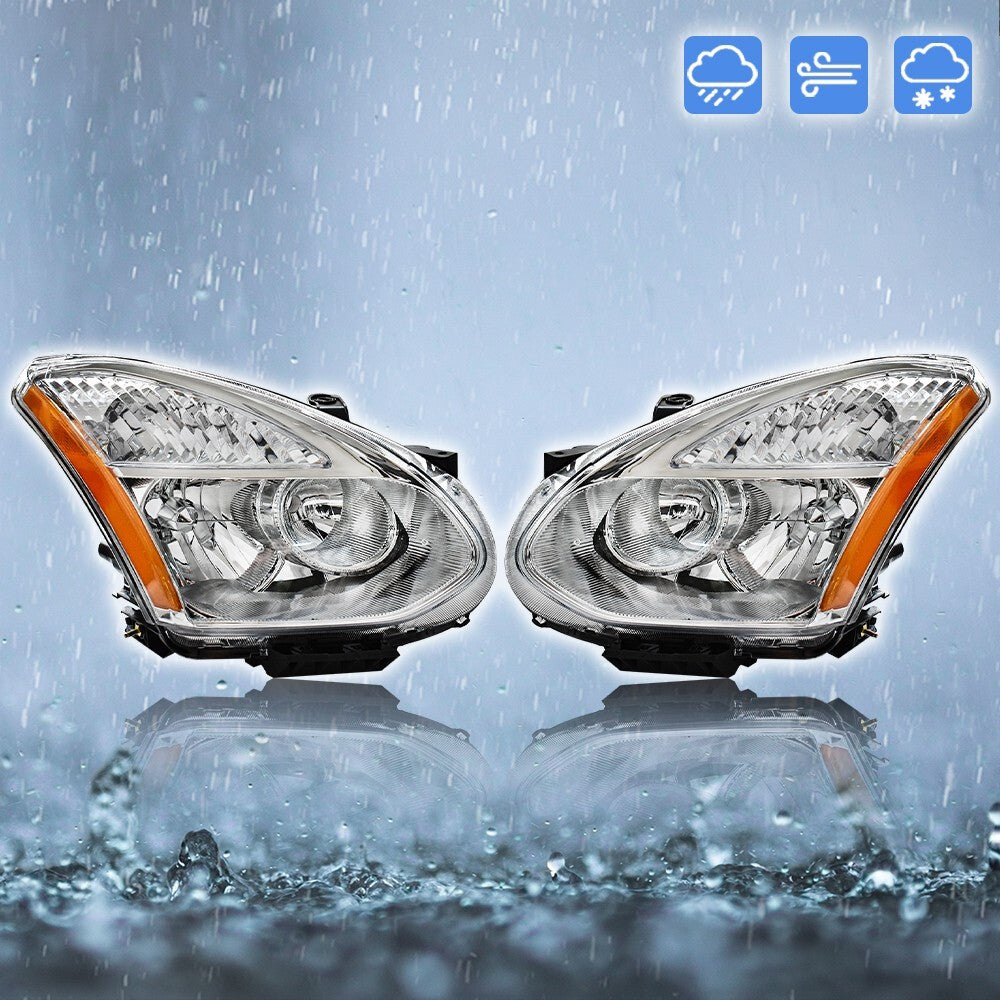 Headlights For Nissan Rogue 2008-2013 Halogen Chrome Headlamps Left+Right Side