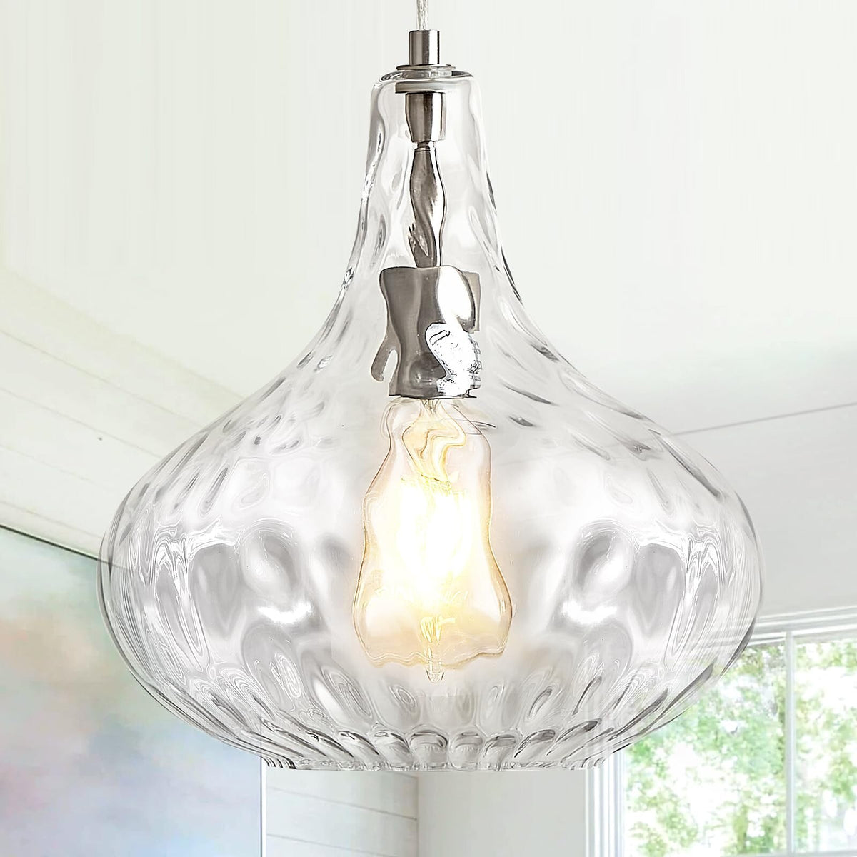 Hammered Glass Pendant Light for Kitchen Island, 11-Inch Modern Brushed Nicke...