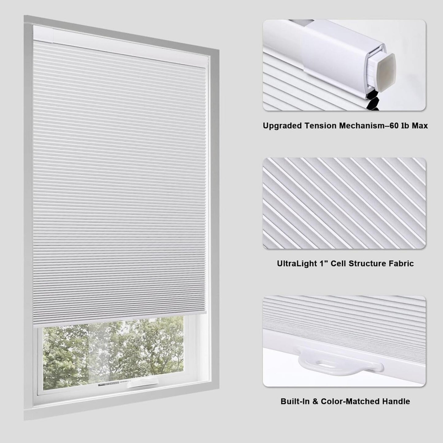 No Drill Cellular Shades for Indoor Windows Honeycomb Blinds 51 1/2" W x 64" H