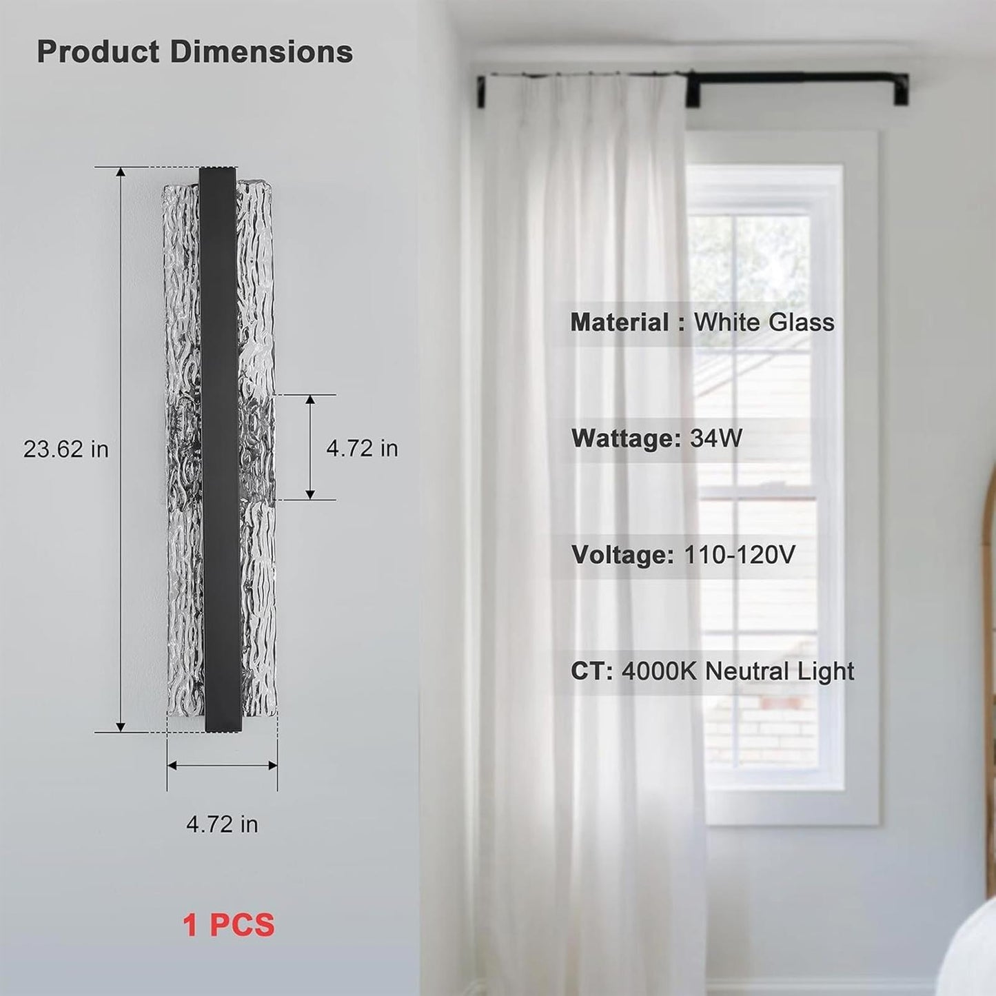 Modern Crystal Wall Sconce, 24 Inch Hardwired Wall Lamp 4000K Dimmable 34W