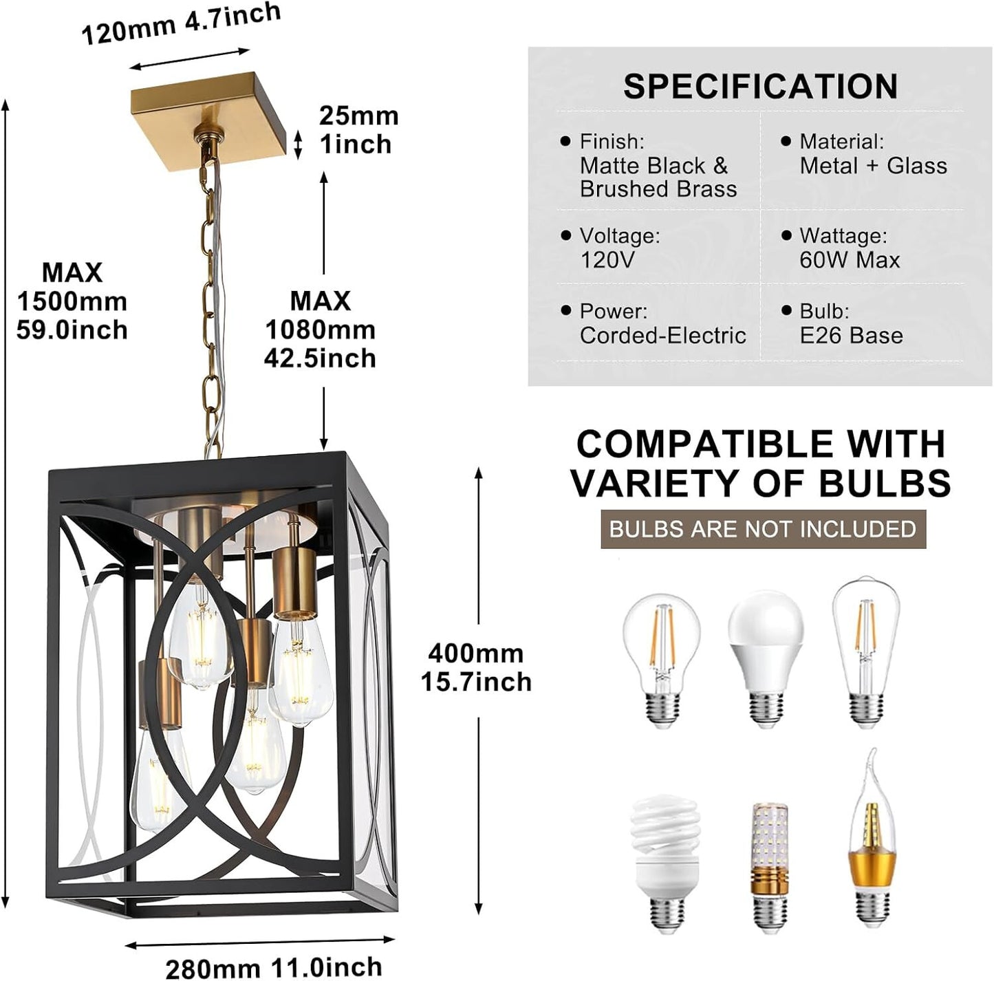 4-Lights Large Outdoor Pendant Light Fixture, E26 Bulb Base Porch Hanging Lighti