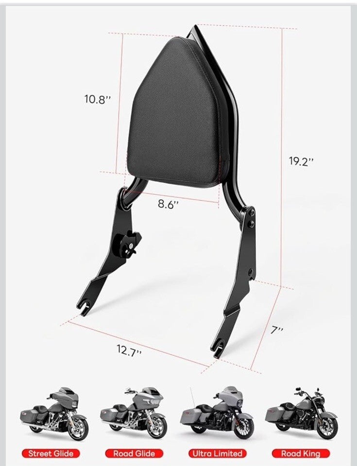 19” Backrest Sissy Bar For Harley Road Glide Street Touring Road King 2009-2025