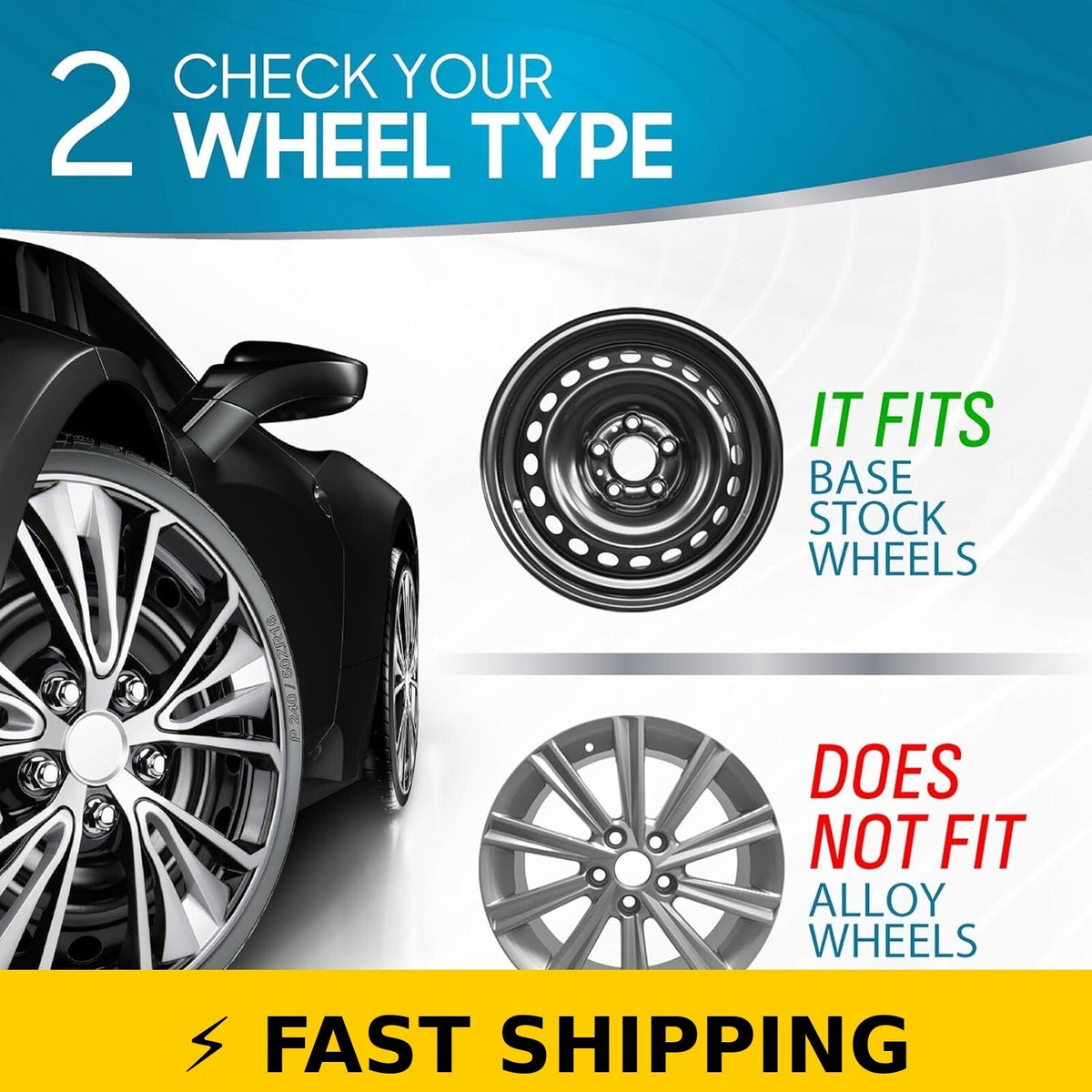 16 Inch Universal Hubcaps Set of 4 - Snap-On Wheel Covers - Black & Silver