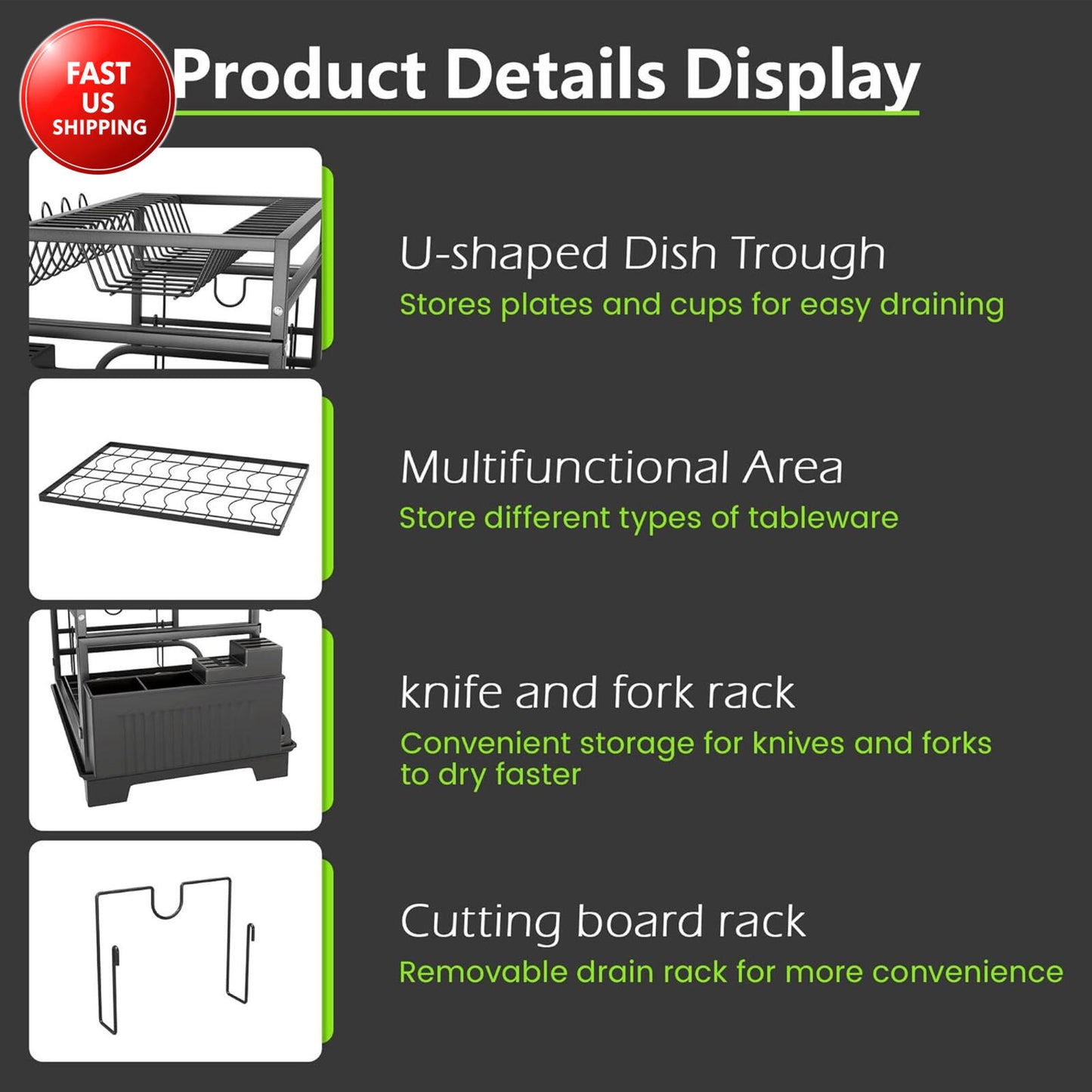 2-Tier Foldable Dish Drying Rack with Drainboard, Stainless Steel Large Capacity