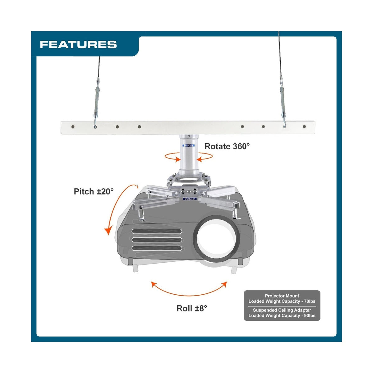 QualGear Pro-AV QG-KIT-S2-3IN-W Projector Mount Kit Accessory Suspended Ceili...