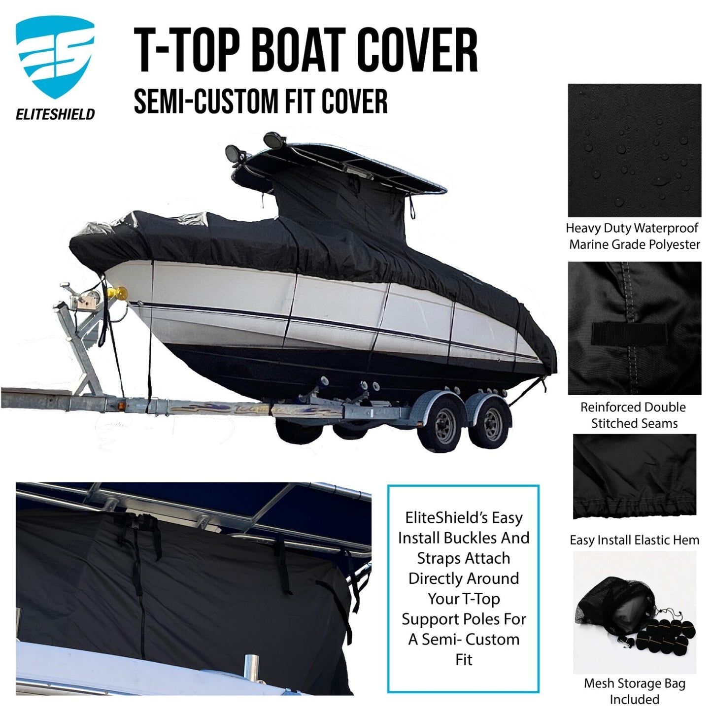 EliteShield Heavy Duty T-Top Boat Cover - Fits 30ft to 32ft Long Center Console