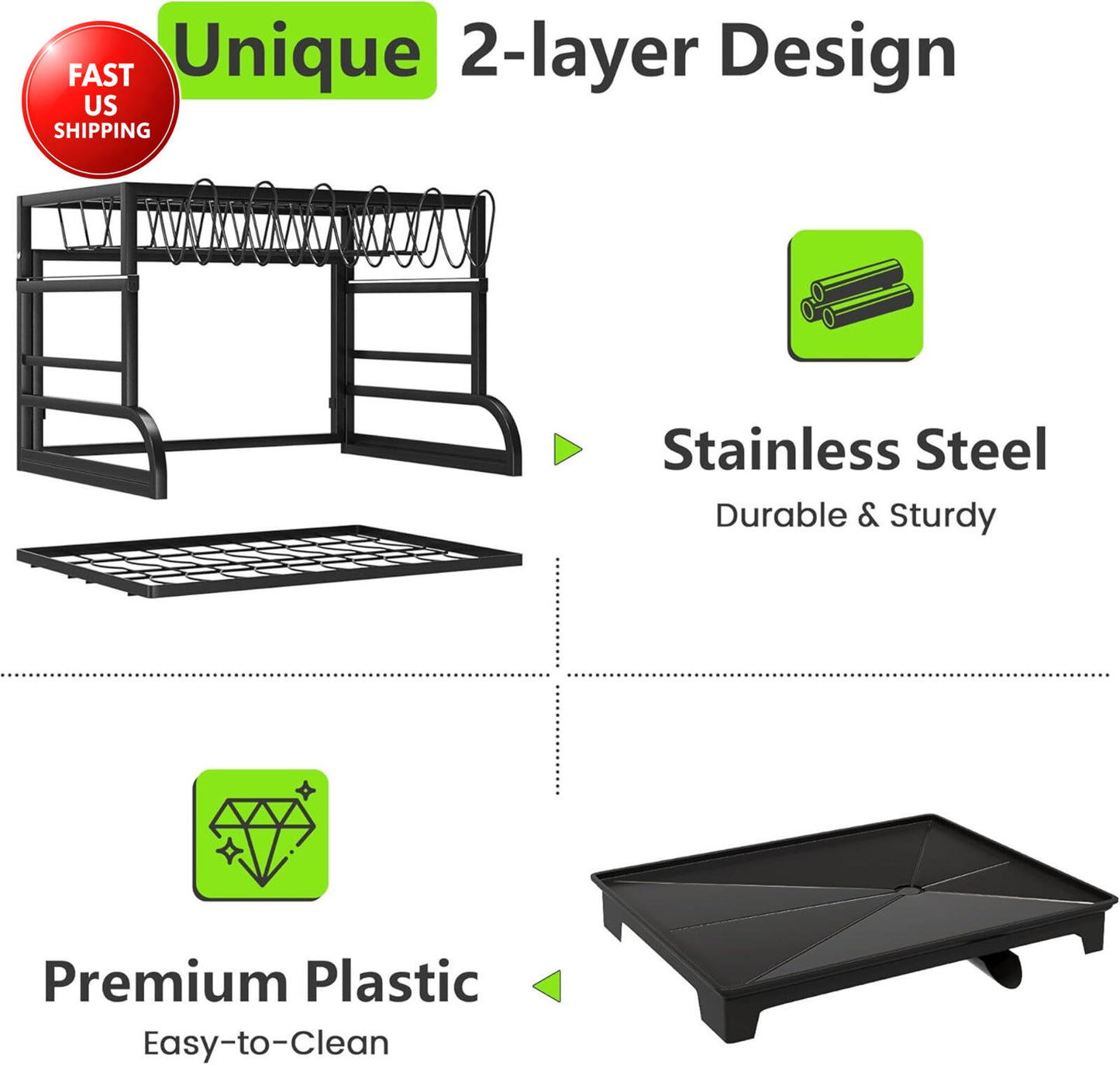 2-Tier Foldable Dish Drying Rack with Drainboard, Stainless Steel Large Capacity