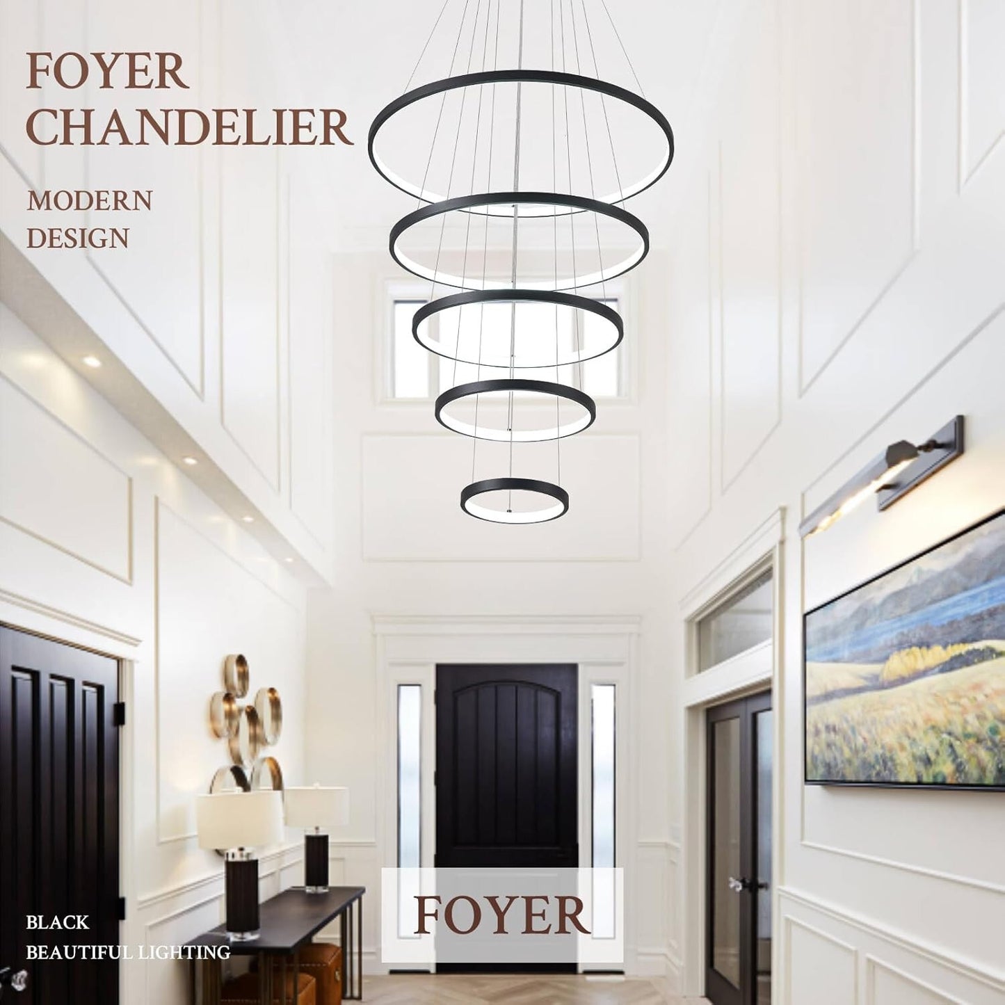 Dimmable 5 Ring LED Chandelier with Remote - Modern Pendant Lighting 3000K-6500K
