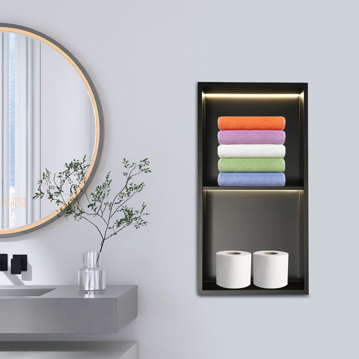 Stainless Steel Shower Niche  2-Tier Bathroom Wall Niche w/ LED Light 12x24in