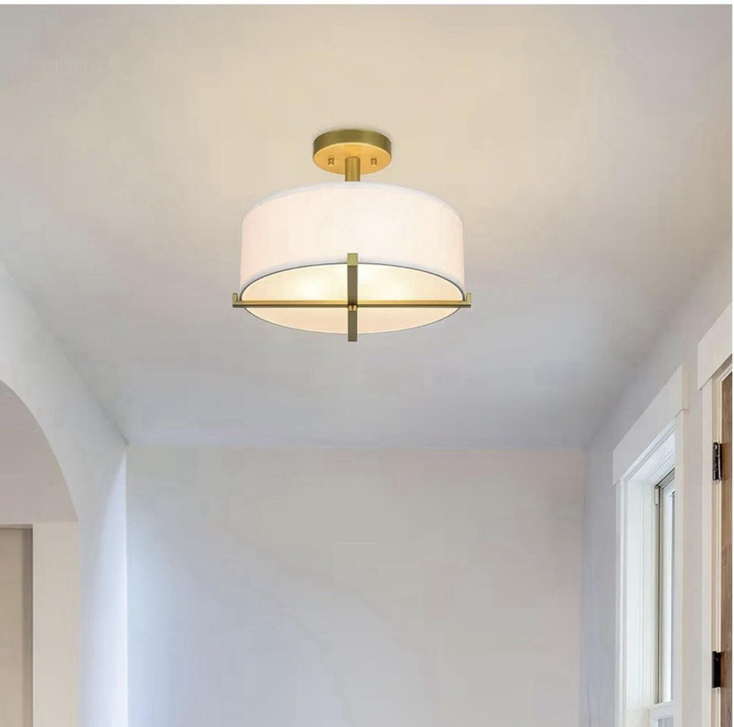 Semi Flush Mount Ceiling Light Modern Gold Brass Drum Light Fixture with Fabric