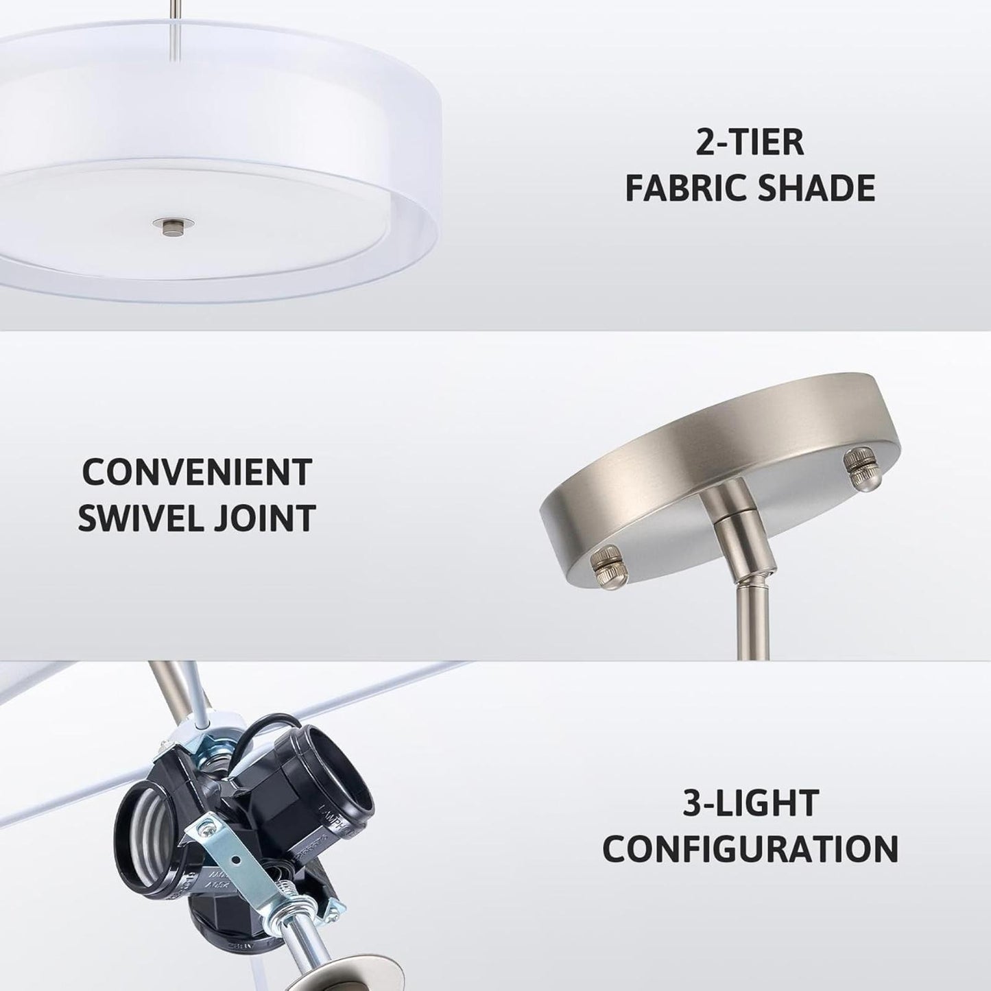 VONLUCE 3-Light Drum Chandeliers, 20" Pendant Light Fixture with 2-Layer Fabric