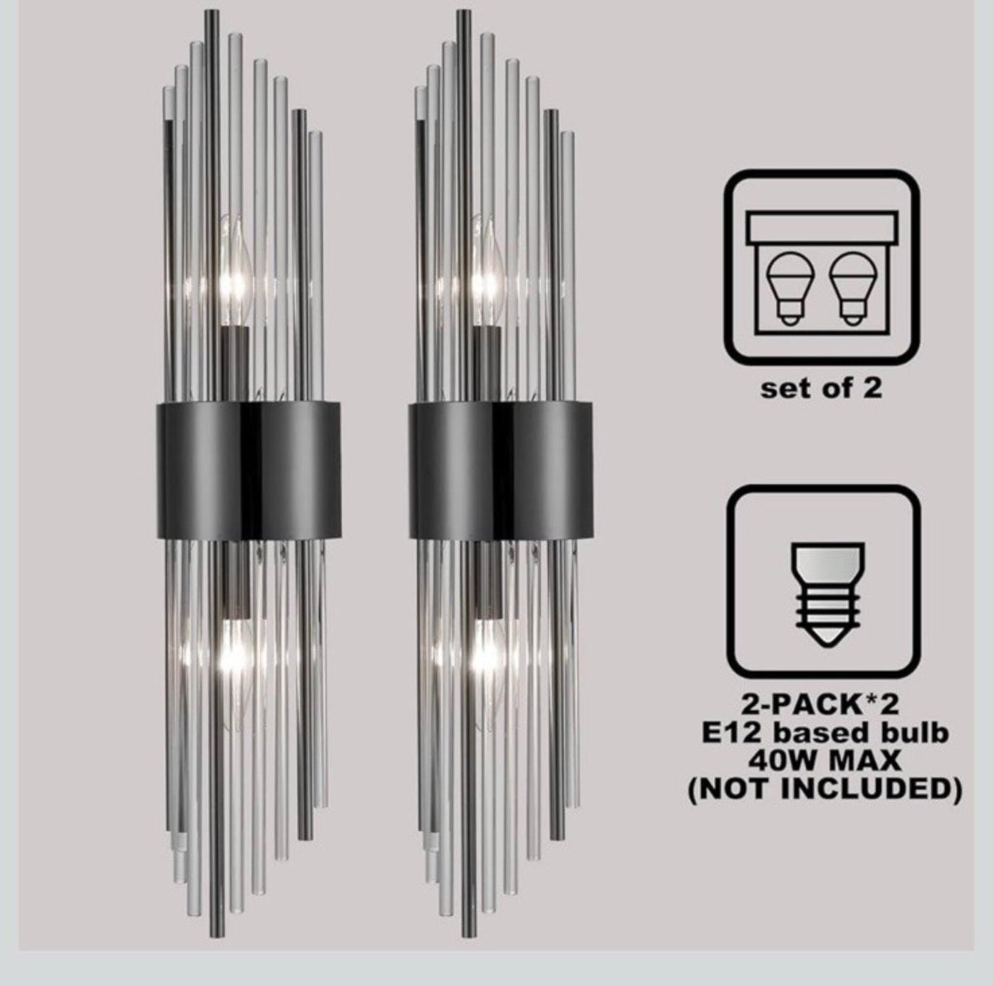2-Light Modern Wall Sconce Titanium Black Metal with Clear Class Crystal Vanity