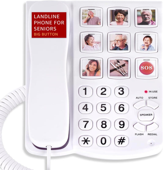 Big Button Phone for Seniors, Corded Landline Phone with 9 One-Touch Dialing