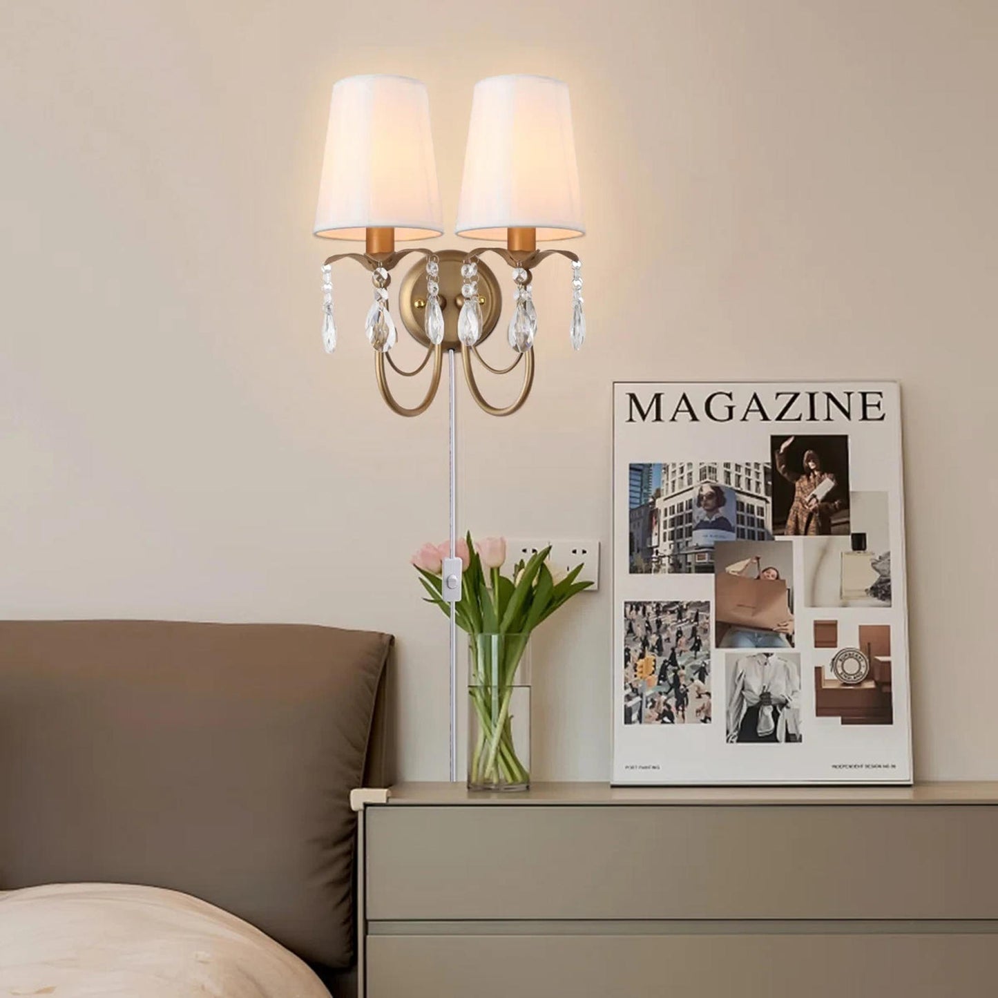 Vintage Wall Sconces with Fabric Lampshape& Crystal Hallway 2-Lights Wall Lamp