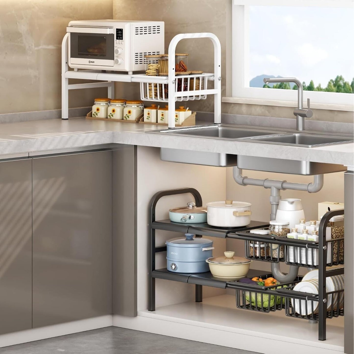 Under Sink Organizer，2 Tier Expandable Heavy Duty Metal Shelf