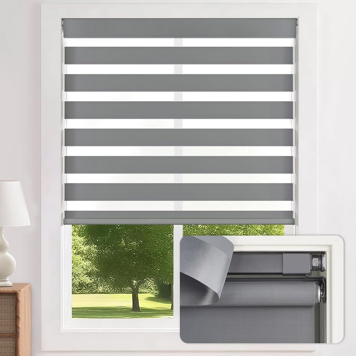 LazBlinds No Drill Zebra Blinds For Windows 34" W x 48" H, Grey