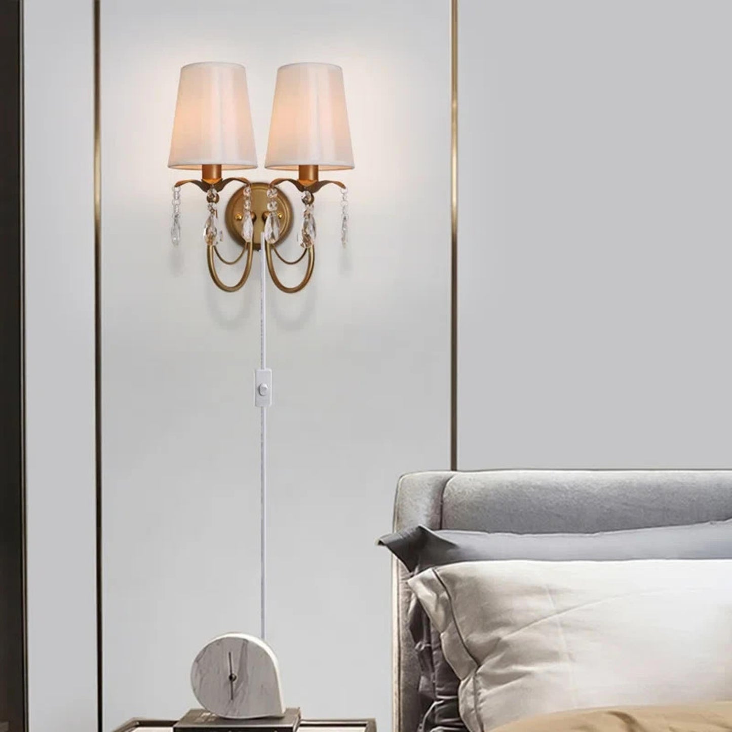 Vintage Wall Sconces with Fabric Lampshape& Crystal Hallway 2-Lights Wall Lamp