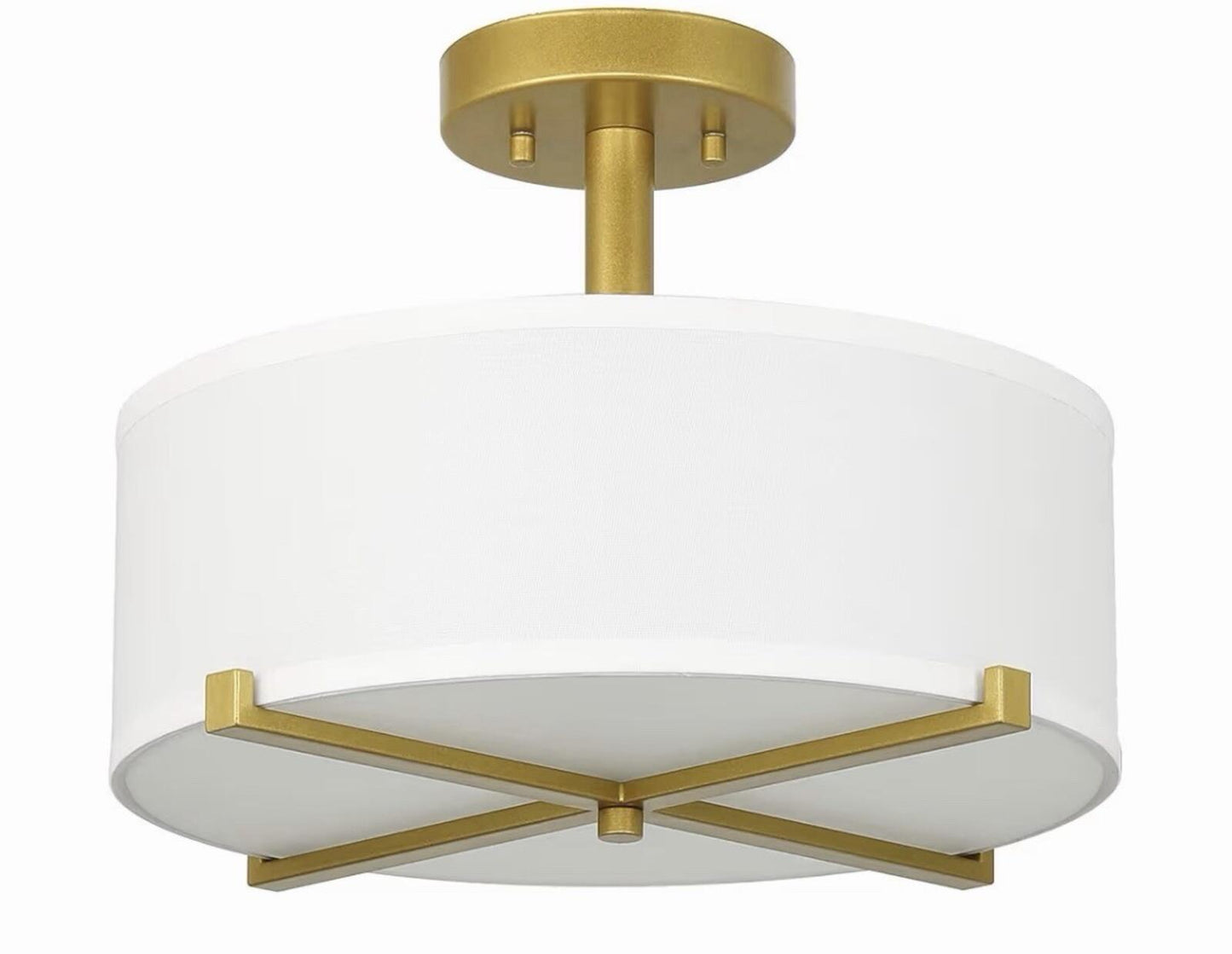 Semi Flush Mount Ceiling Light Modern Gold Brass Drum Light Fixture with Fabric
