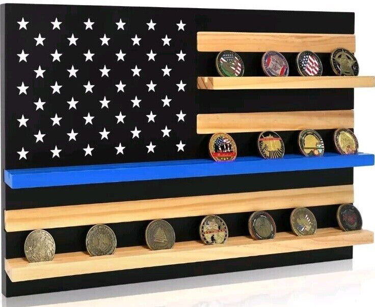 Thin Blue Line American Flag Wood Display Case Coin Holder Handmade Copper Coin 20"x 13"