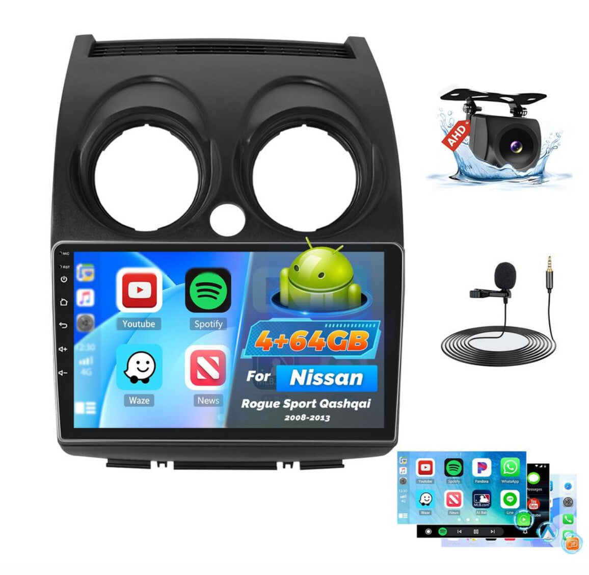 Car Stereo Nissan Rogue Sport Qashqai 2008 - 2013 Carplay 4 64G 9" Android