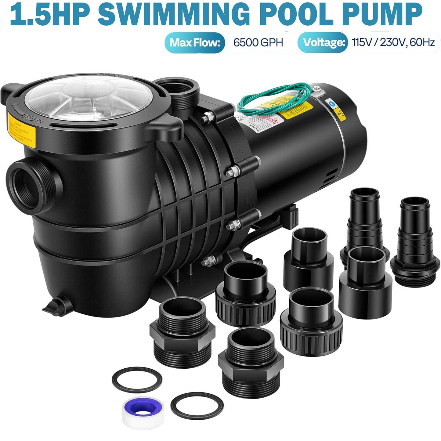 1.5HP Pool Pump 6500GPH Self Priming 115V/230V In/Above Inground Swimming Pool