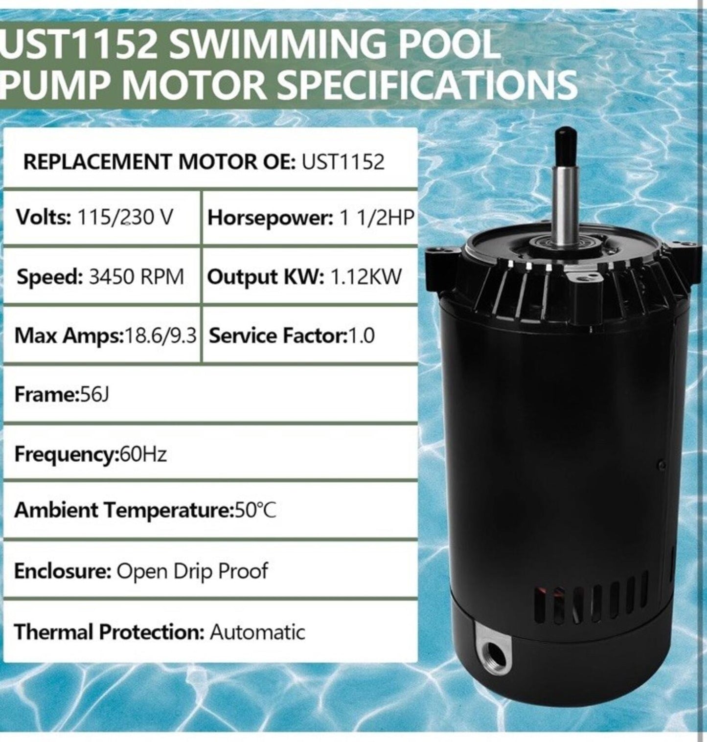 Ust1152 Pool Pump Motor 1.5Hp 56J Replacement W/ Seal Kit Hayward