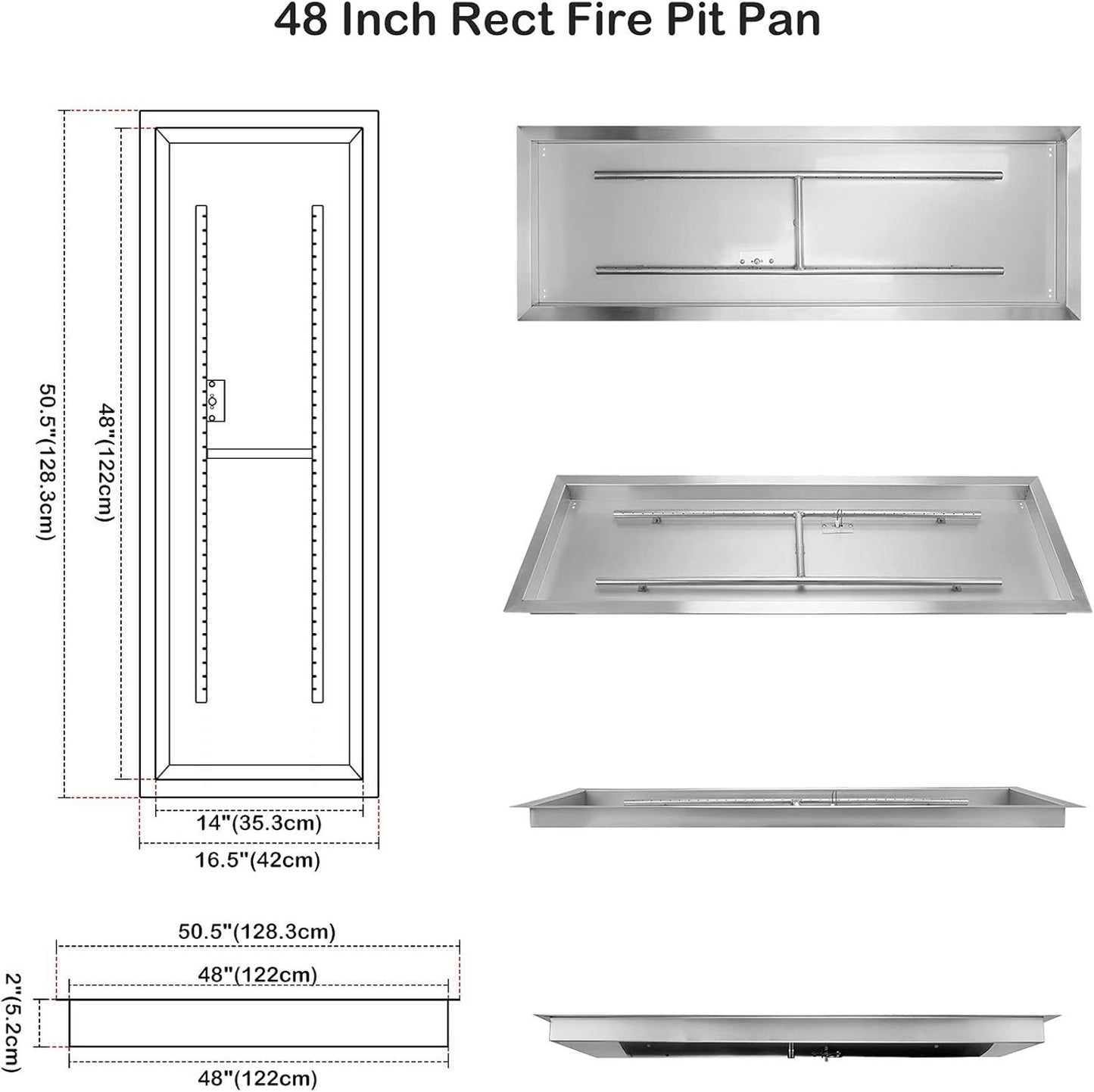Stanbroil 48 x 14 inch Rectangle Fire Pit Kit with Spark Ignition, Drop-in Natur