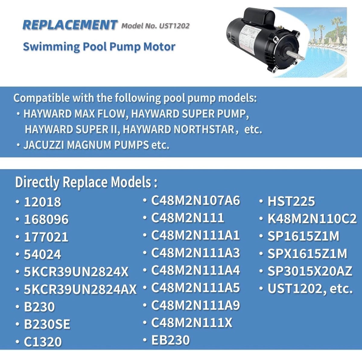 UST1202 2HP Replaces Century/AO Smith Swimming Pool Pump Motor for Hayward Super