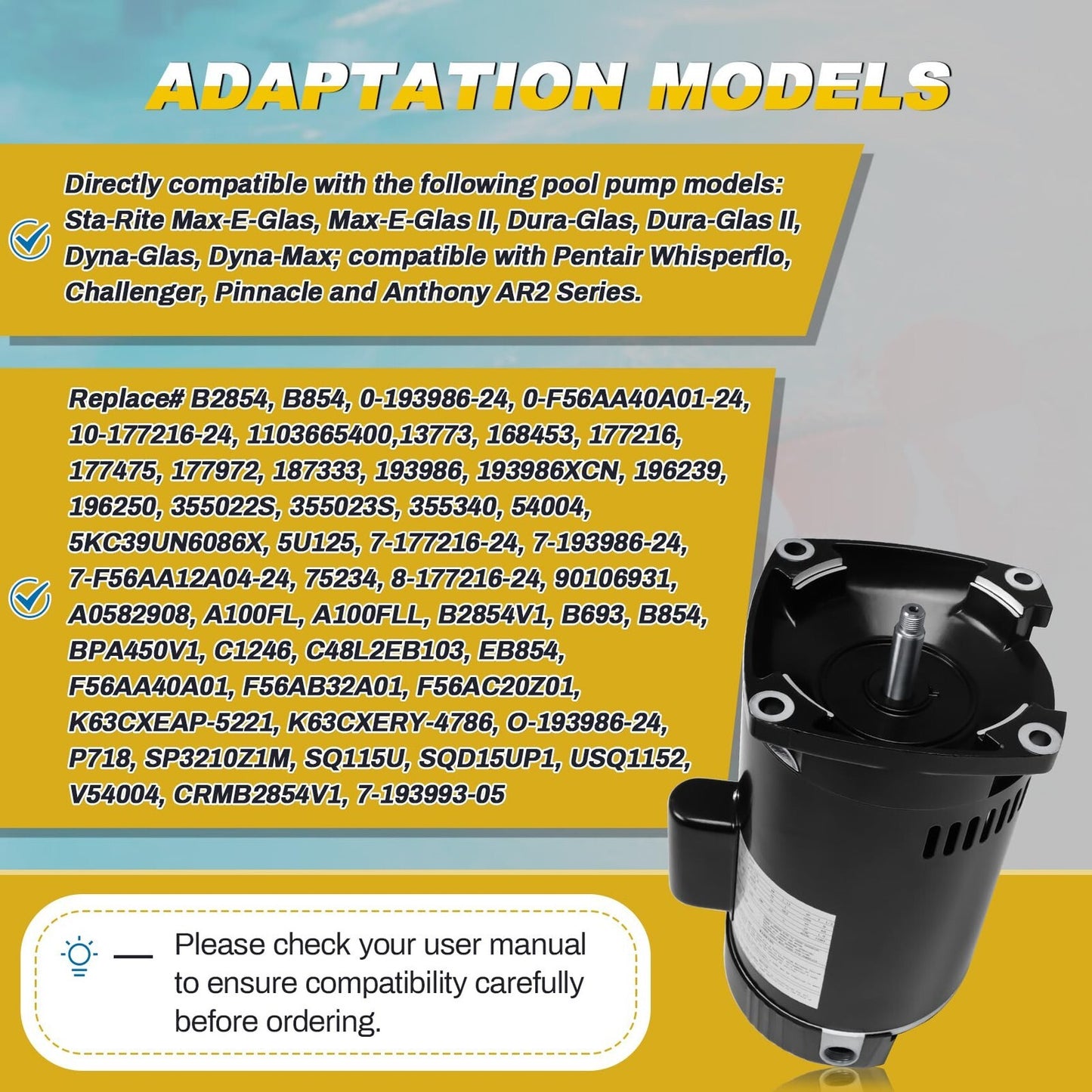 Pump Motor 1.5 HP 230/115V Compatible A.O. Smith B2854 Pool B854 1-1 Century