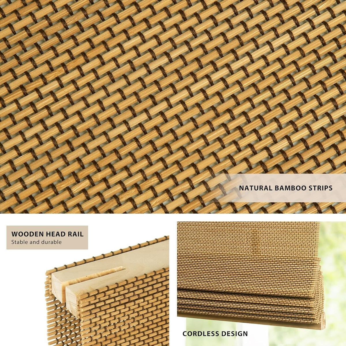 LazBlinds No Tools No Drill Cordless Bamboo Roman Shades Window 39" W x 64'' H