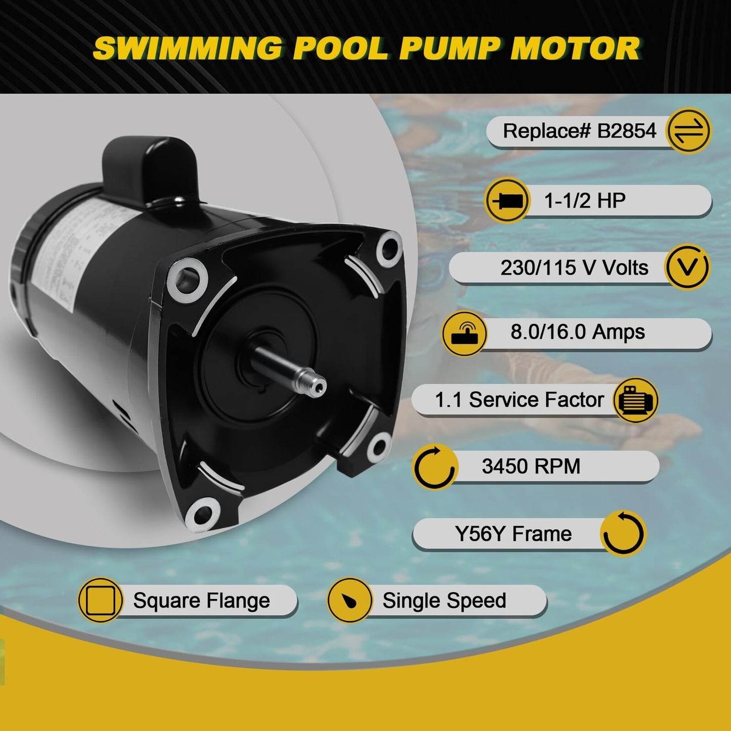 Pump Motor 1.5 HP 230/115V Compatible A.O. Smith B2854 Pool B854 1-1 Century