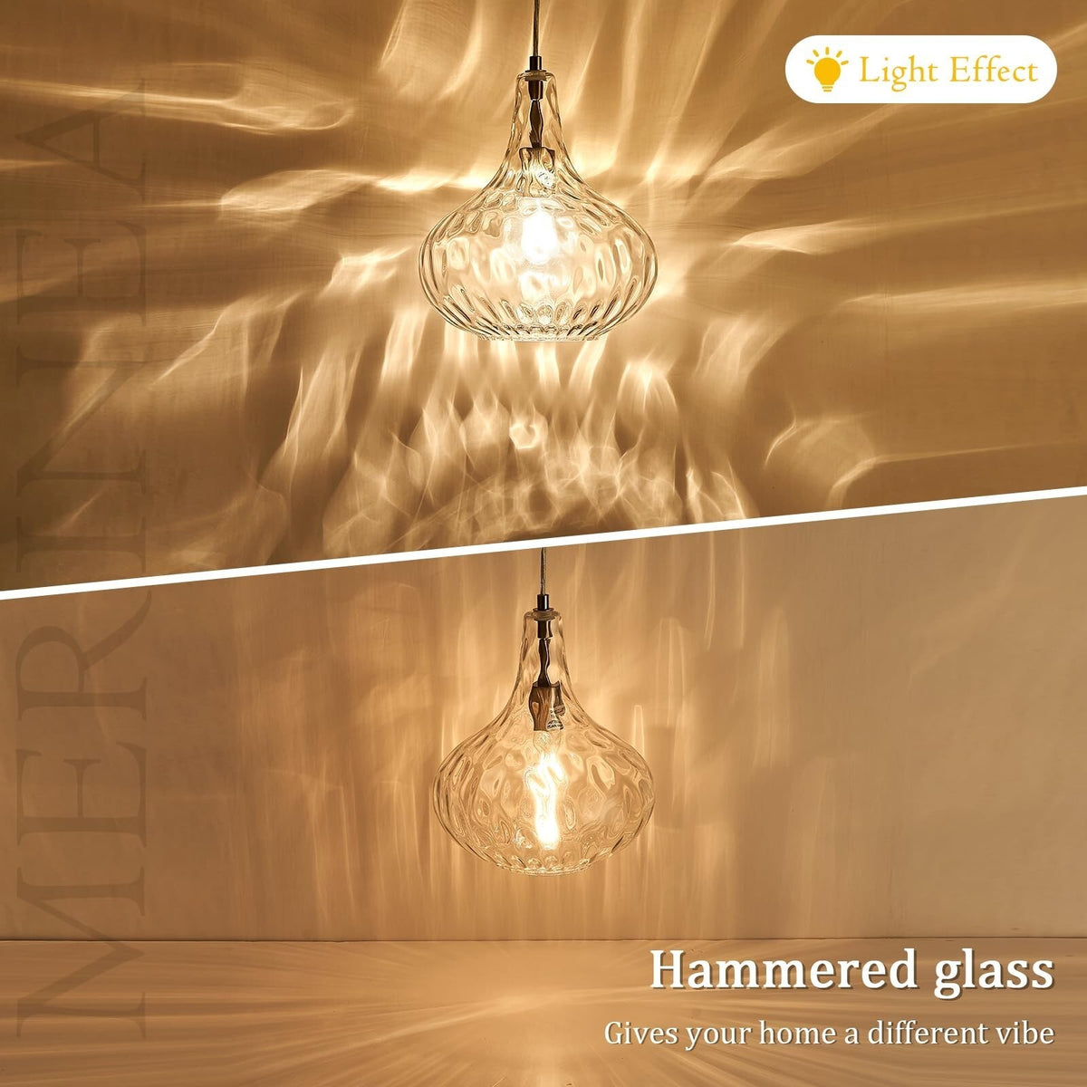 Hammered Glass Pendant Light for Kitchen Island, 11-Inch Modern Brushed Nicke...