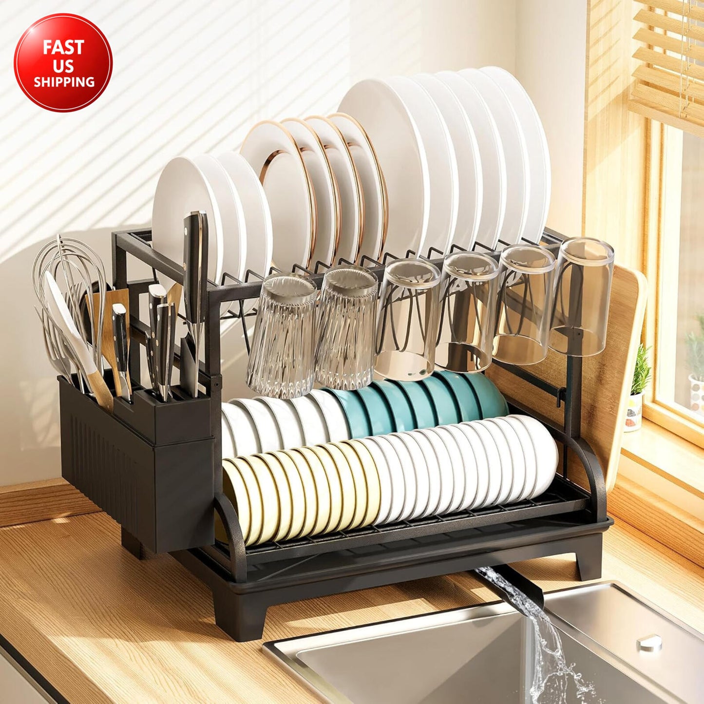 2-Tier Foldable Dish Drying Rack with Drainboard, Stainless Steel Large Capacity