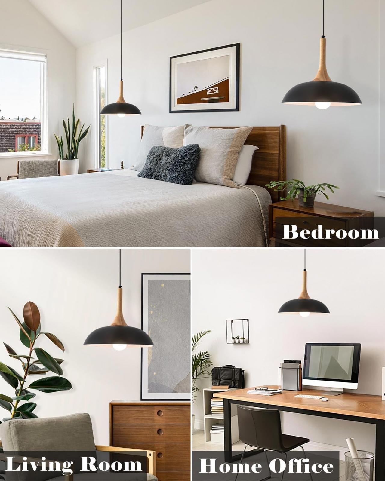 Black Pendant Light Kitchen Island 2 Pack 13.8 inch Pendant Light with Wood Cap