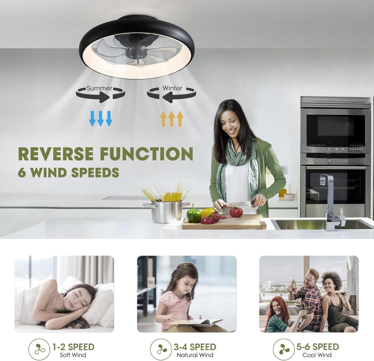 Ceiling Fans with Lights 20'' Flush Mount Fan Remote & APP Control Black