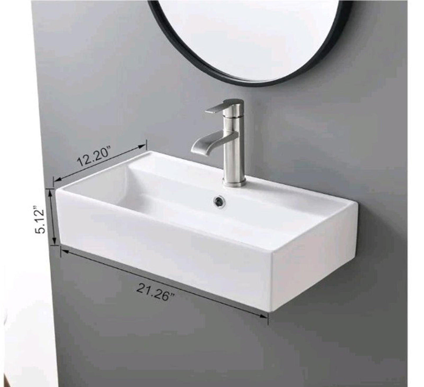 Contemporary 21" X 12" Porcelain Ceramic Wall Mounted Bathroom Vessel No Faucet