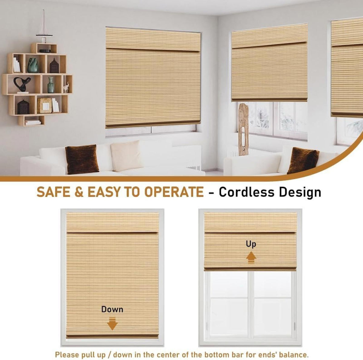 Cordless Bamboo Roman Shades, Blackout Natural Bamboo Blinds for Indoor Windows
