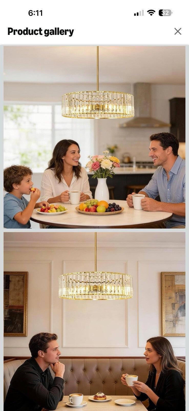 Gold Crystal Chandelier for Dining room, 6-Light Modern Semi Flush Mount Ceiling